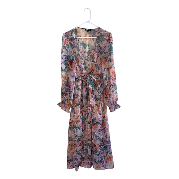Express Sheer Purple and Orange Floral Duster - Picture 1 of 5
